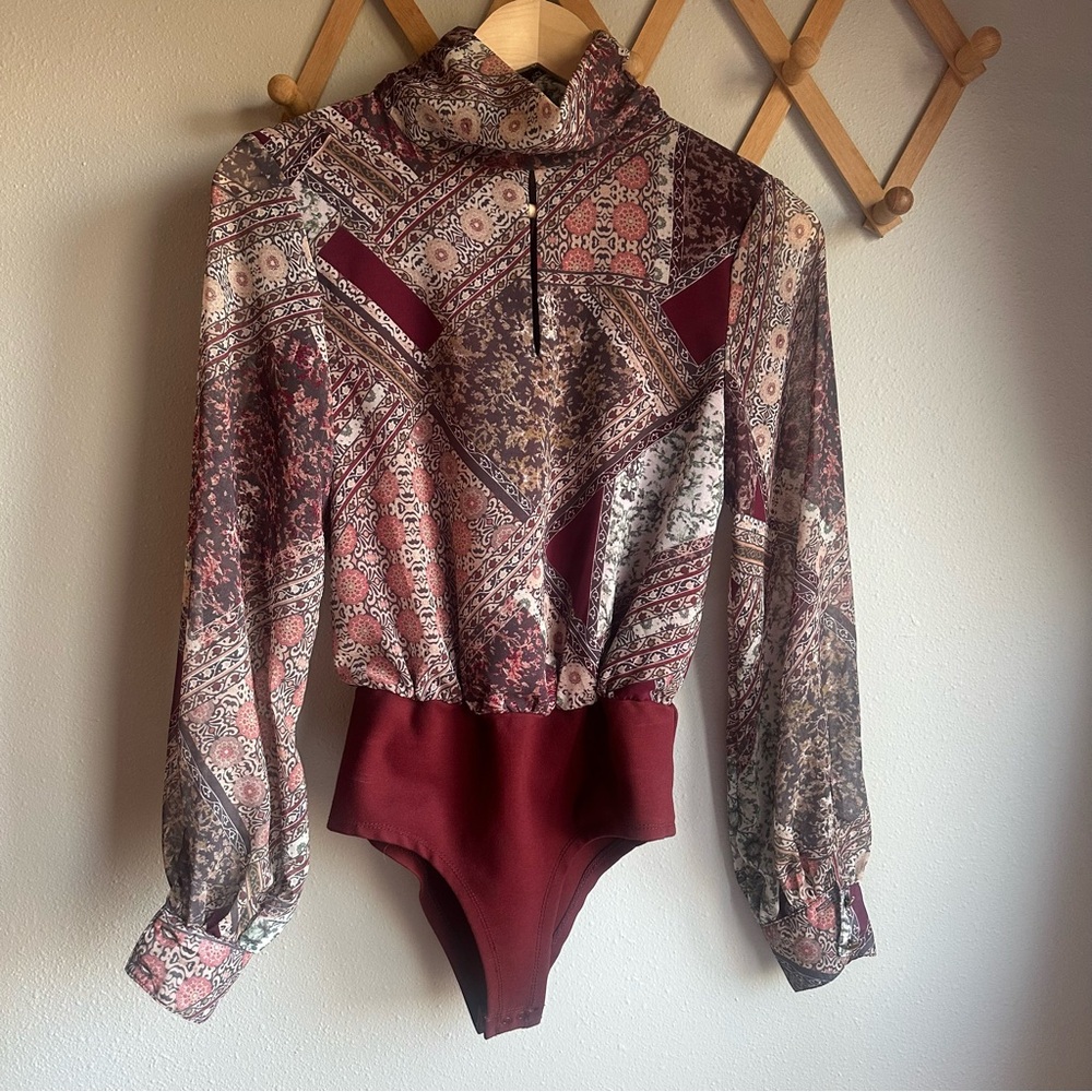 MINKPINK | Patchwork Long Sleeve Bodysuit with High Neck | XS